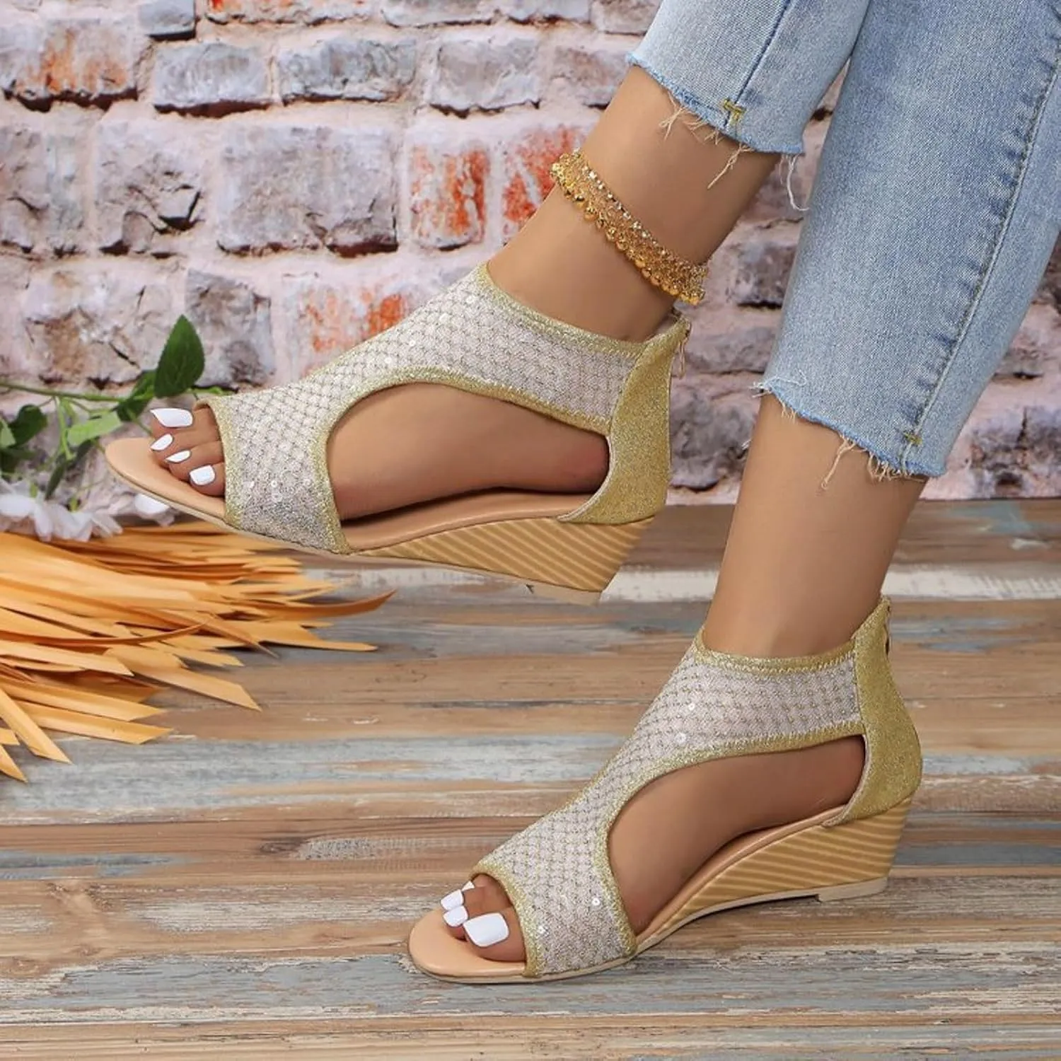 Eduavar Sandals for Women Dressy, Orthopedic Sandals for Women Low Wedge Sandals Cutout Zip Up Crystal Sandals Shoes