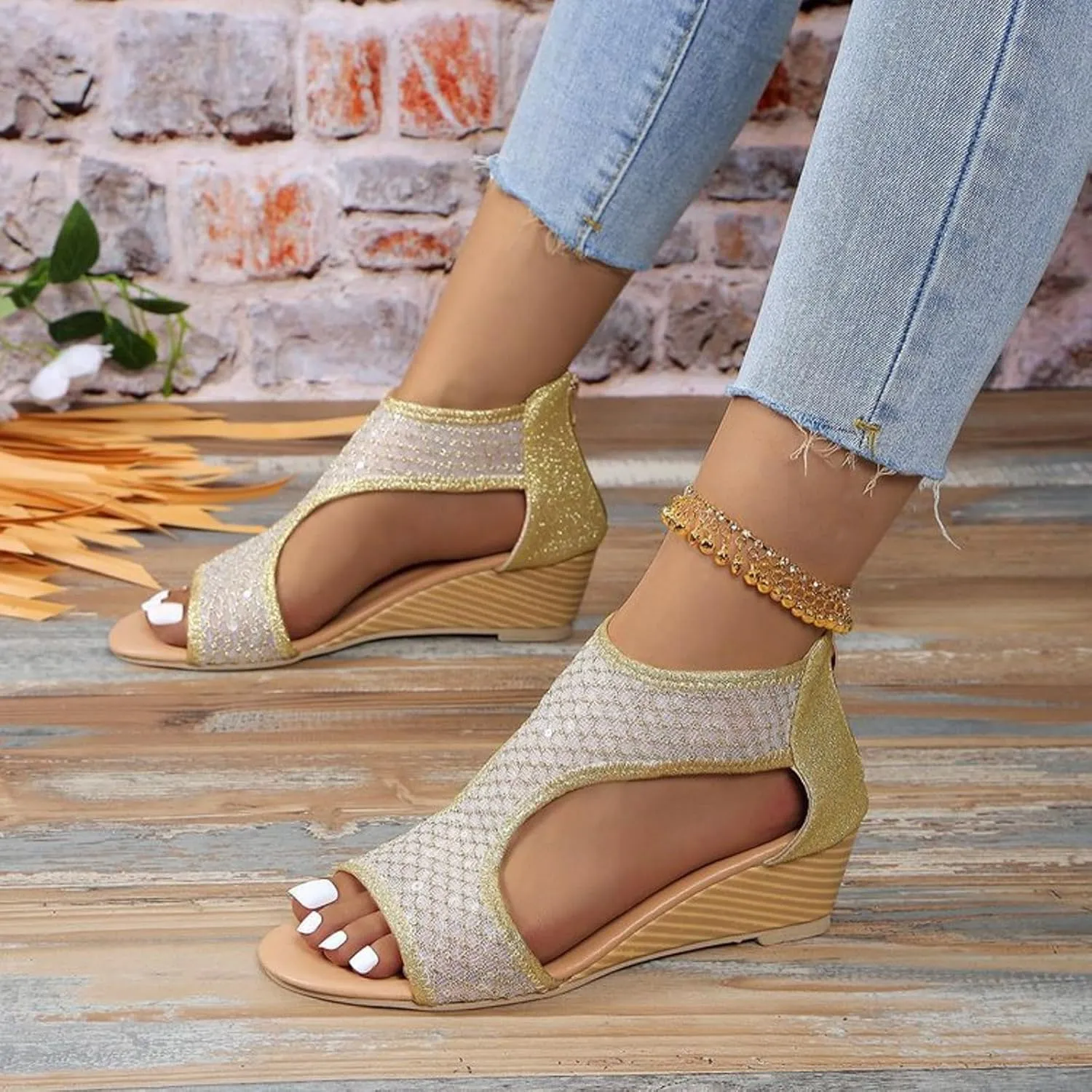 Eduavar Sandals for Women Dressy, Orthopedic Sandals for Women Low Wedge Sandals Cutout Zip Up Crystal Sandals Shoes
