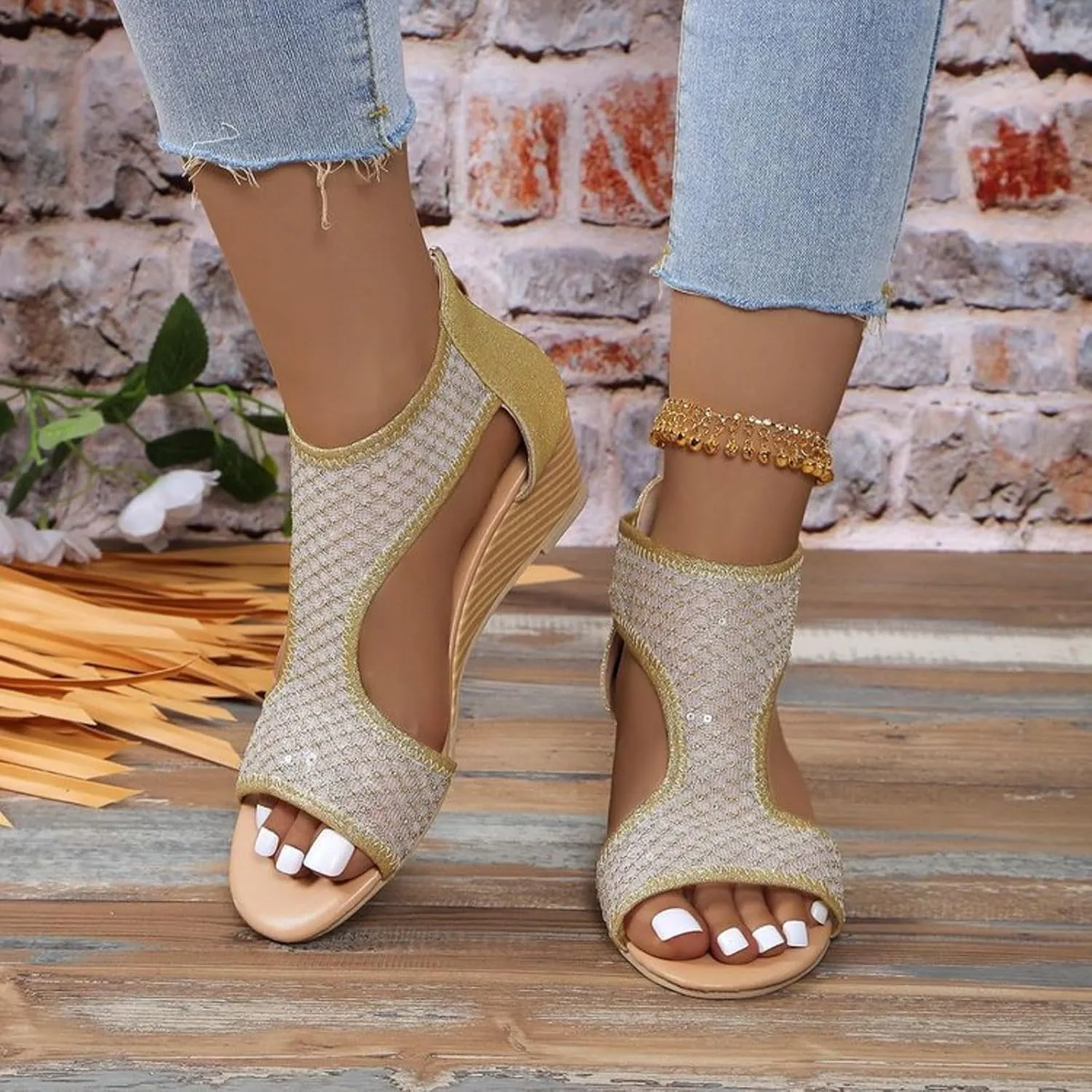 Eduavar Sandals for Women Dressy, Orthopedic Sandals for Women Low Wedge Sandals Cutout Zip Up Crystal Sandals Shoes