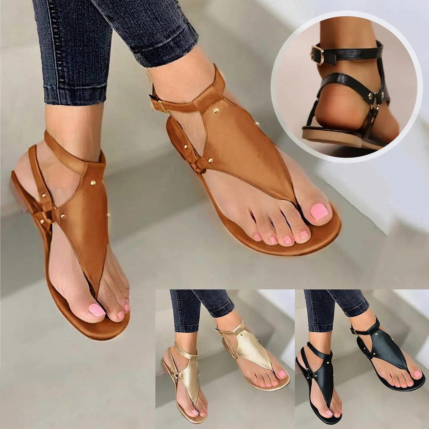 Eduavar Sandals for Women Dressy Summer, Flat Sandals for Women Summer Beach Open Toe Flip Flops Sandals with Buckle Strap