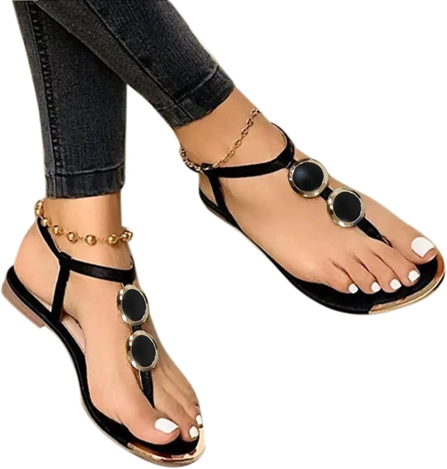 Eduavar Sandals for Women Dressy Summer, Sandals for Women Beach Sandals Breathable Buckle Rhinestone Open Toe Flat Sandals