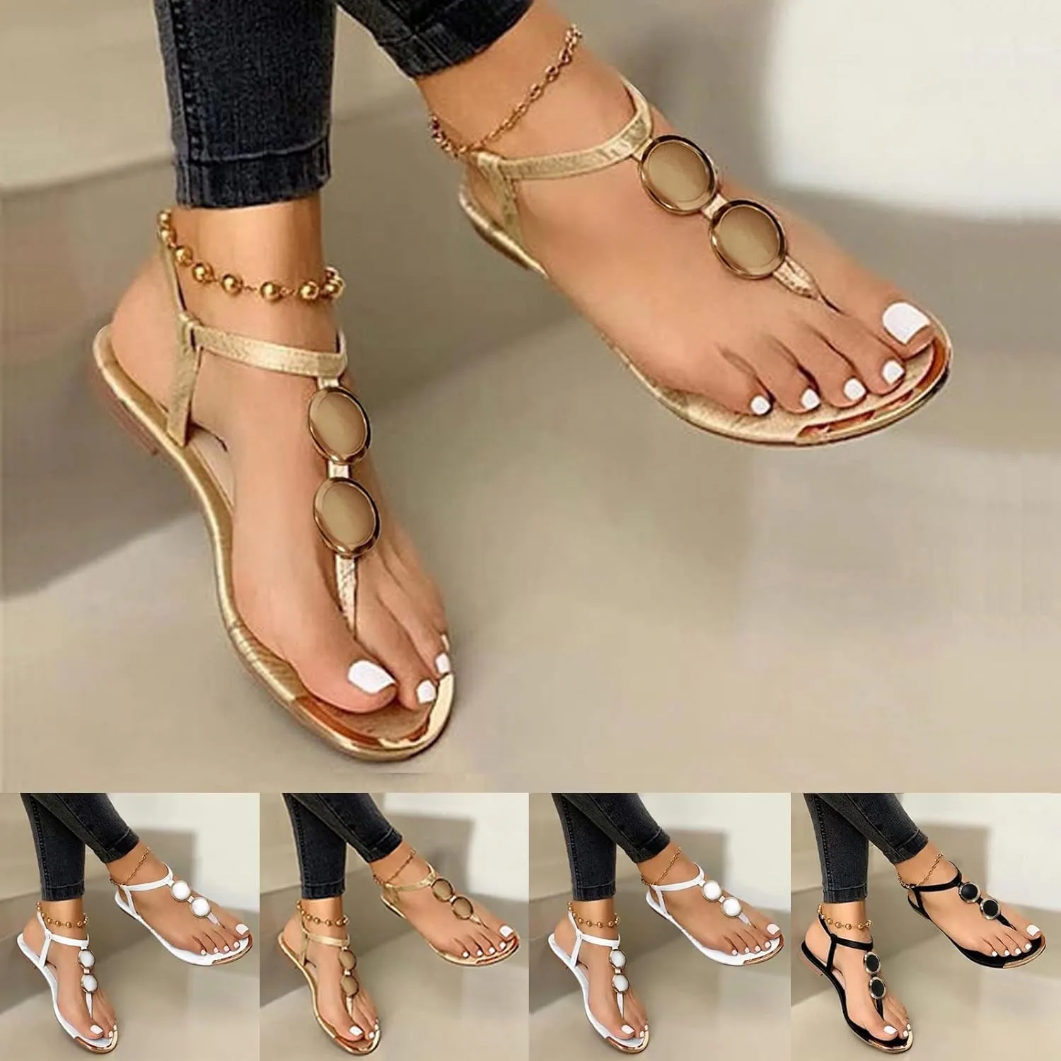 Eduavar Sandals for Women Dressy Summer, Sandals for Women Beach Sandals Breathable Buckle Rhinestone Open Toe Flat Sandals