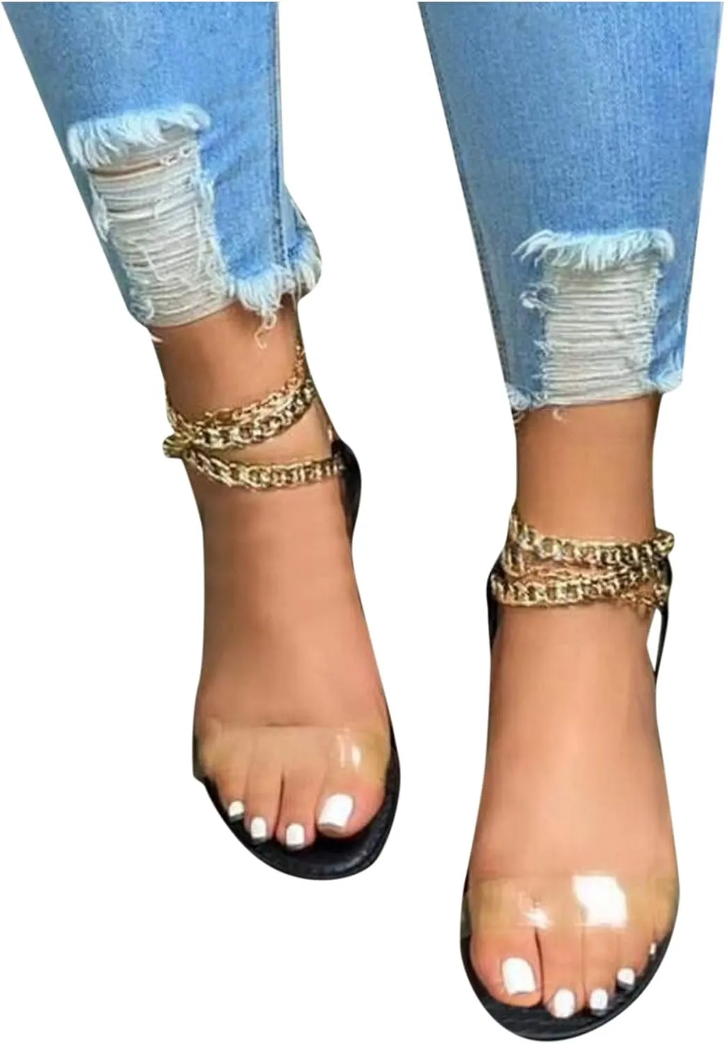 Eduavar Sandals for Women Dressy Summer, Womens Sandals Dressy Summer Beach Sandals Metal Chain Flat Sandals Comfy Sandals