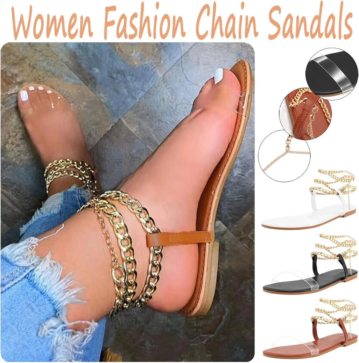 Eduavar Sandals for Women Dressy Summer, Womens Sandals Dressy Summer Beach Sandals Metal Chain Flat Sandals Comfy Sandals