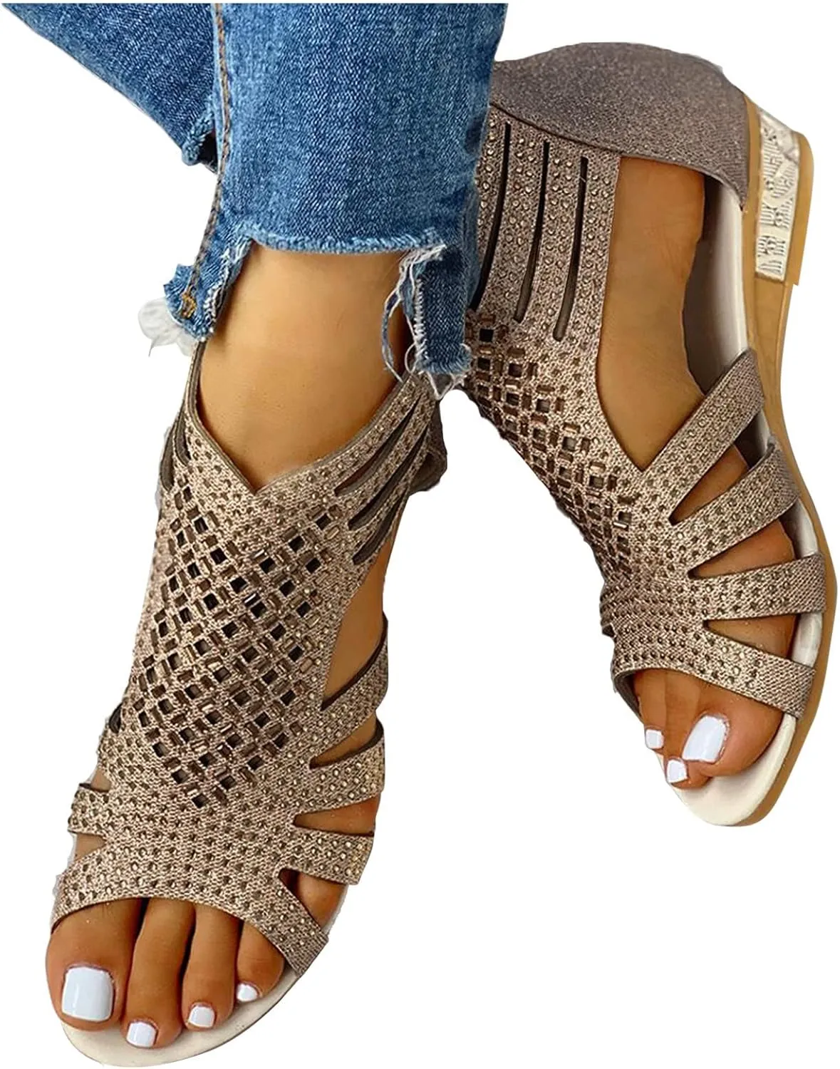Eduavar Sandals for Women Dressy Summer, Womens Sandals Dressy Summer Beach Sandals Shoes Rhinestones Wedge Sandals