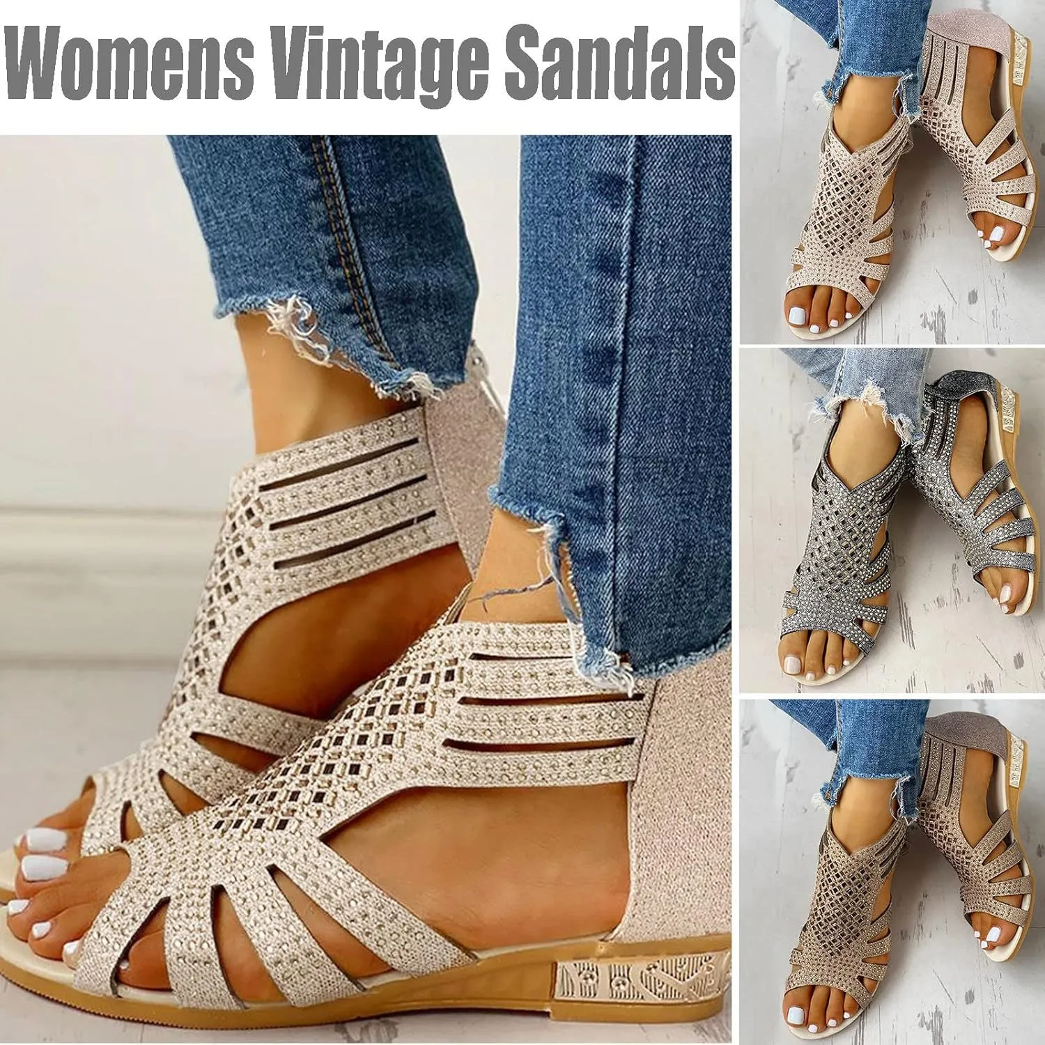 Eduavar Sandals for Women Dressy Summer, Womens Sandals Dressy Summer Beach Sandals Shoes Rhinestones Wedge Sandals