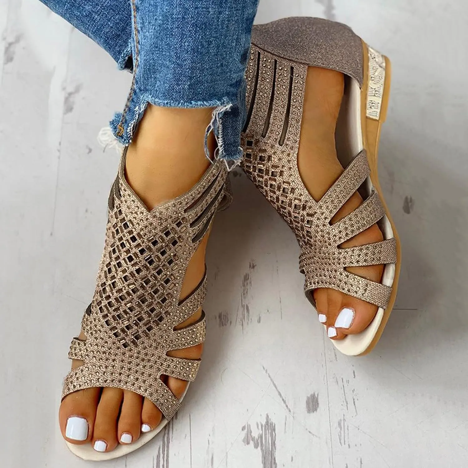 Eduavar Sandals for Women Dressy Summer, Womens Sandals Dressy Summer Beach Sandals Shoes Rhinestones Wedge Sandals