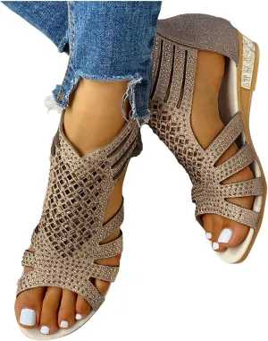 Eduavar Sandals for Women Dressy Summer, Womens Sandals Dressy Summer Beach Sandals Shoes Rhinestones Wedge Sandals