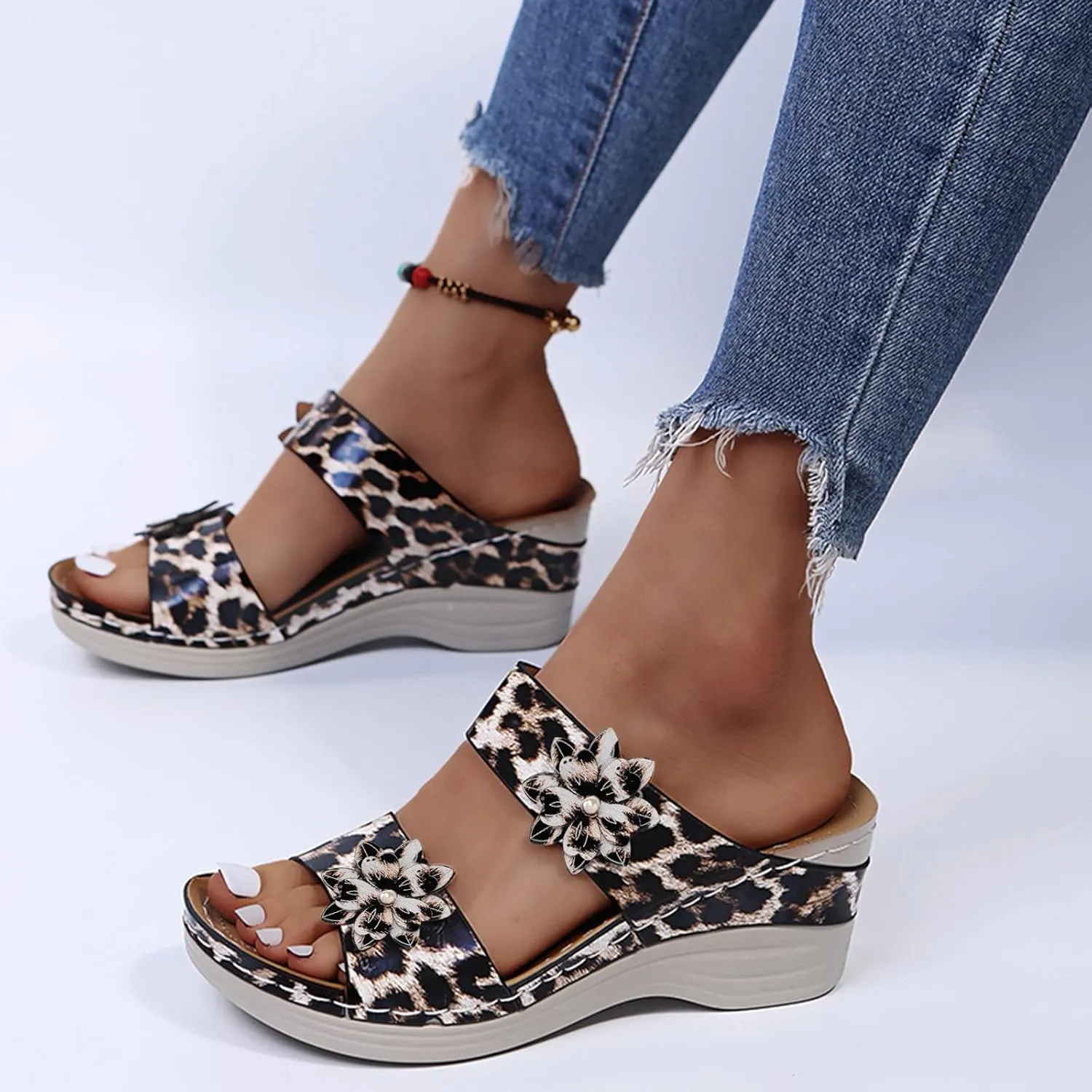 Eduavar Women's Dressy Fashion Sandals - Leopard Print Wedge Open Toe Flat
