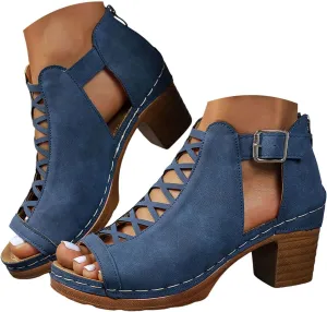 Eduavar Womens Sandals Comfortable, Sandals Women Fahsoin Aran Open Toe Heel Sandal Cut Out Boots Sandals with Ankle Strap