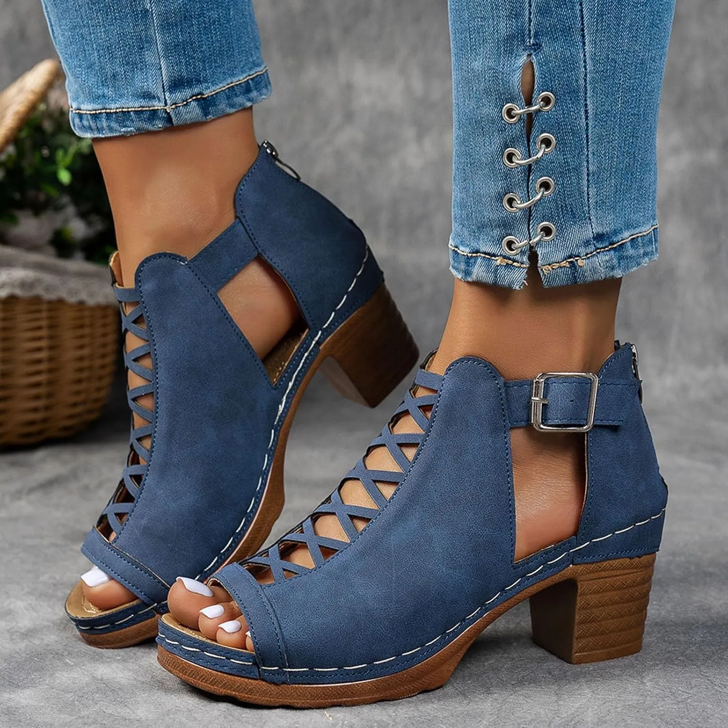 Eduavar Womens Sandals Comfortable, Sandals Women Fahsoin Aran Open Toe Heel Sandal Cut Out Boots Sandals with Ankle Strap