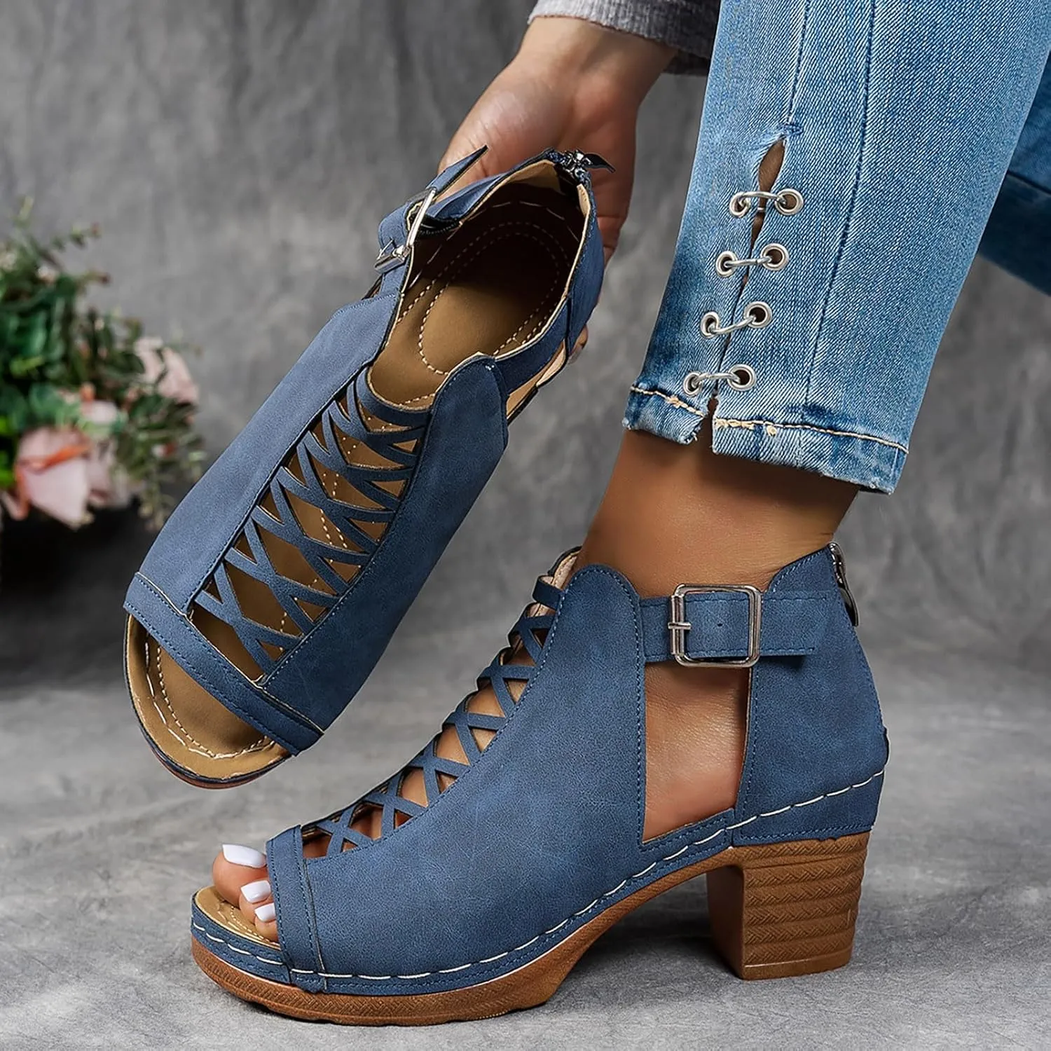 Eduavar Womens Sandals Comfortable, Sandals Women Fahsoin Aran Open Toe Heel Sandal Cut Out Boots Sandals with Ankle Strap