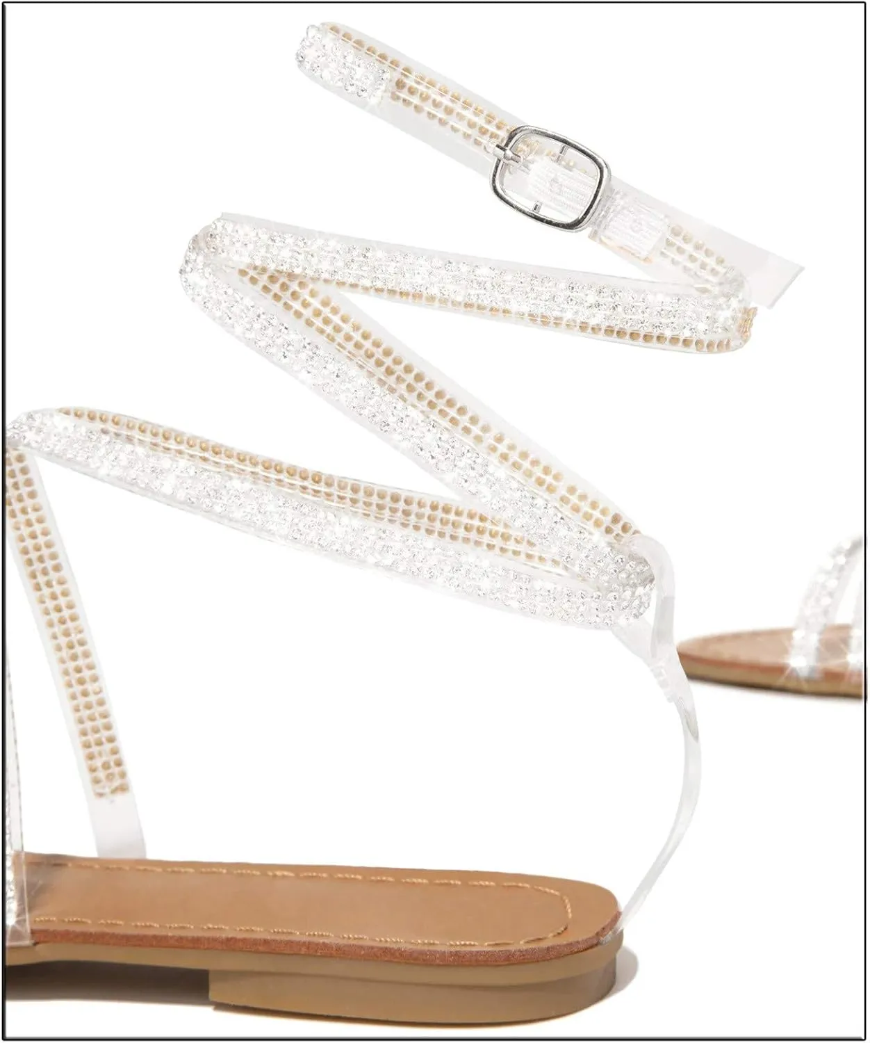 EMRELOD Sandals for Women Dressy Summer Flat Casual Summer Rhinestone Beaded Sparkly Bling Bohemian Lace Flower Sandal Comfortable Elastic Ankle Strap Beach Shoes (05-White, 9)