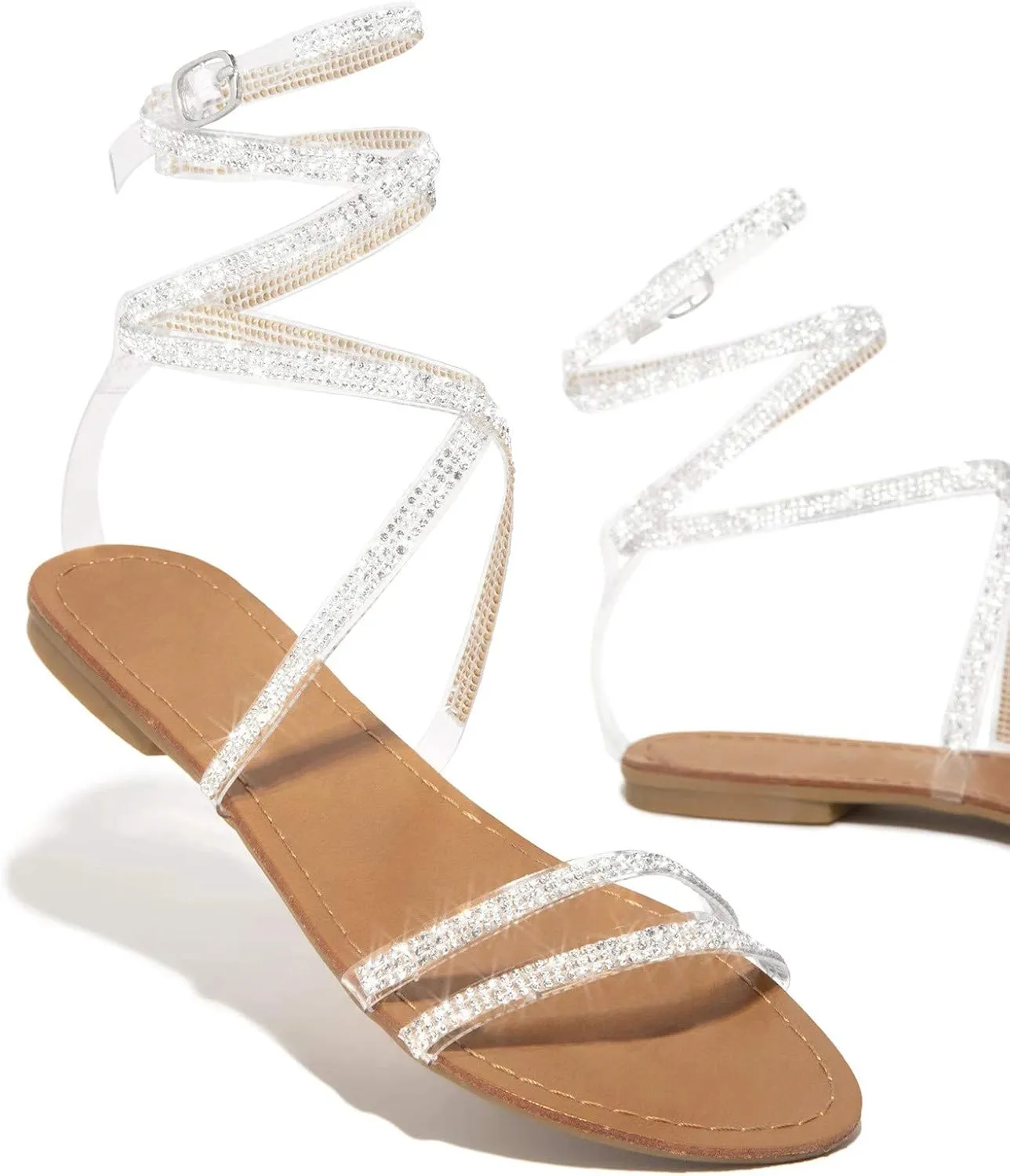 EMRELOD Sandals for Women Dressy Summer Flat Casual Summer Rhinestone Beaded Sparkly Bling Bohemian Lace Flower Sandal Comfortable Elastic Ankle Strap Beach Shoes (05-White, 9)
