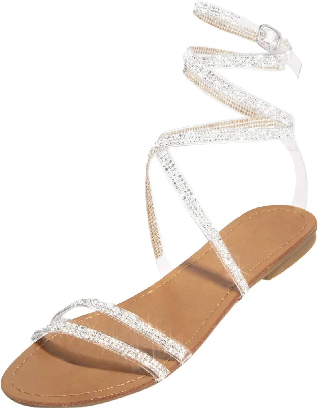 EMRELOD Sandals for Women Dressy Summer Flat Casual Summer Rhinestone Beaded Sparkly Bling Bohemian Lace Flower Sandal Comfortable Elastic Ankle Strap Beach Shoes (05-White, 9)