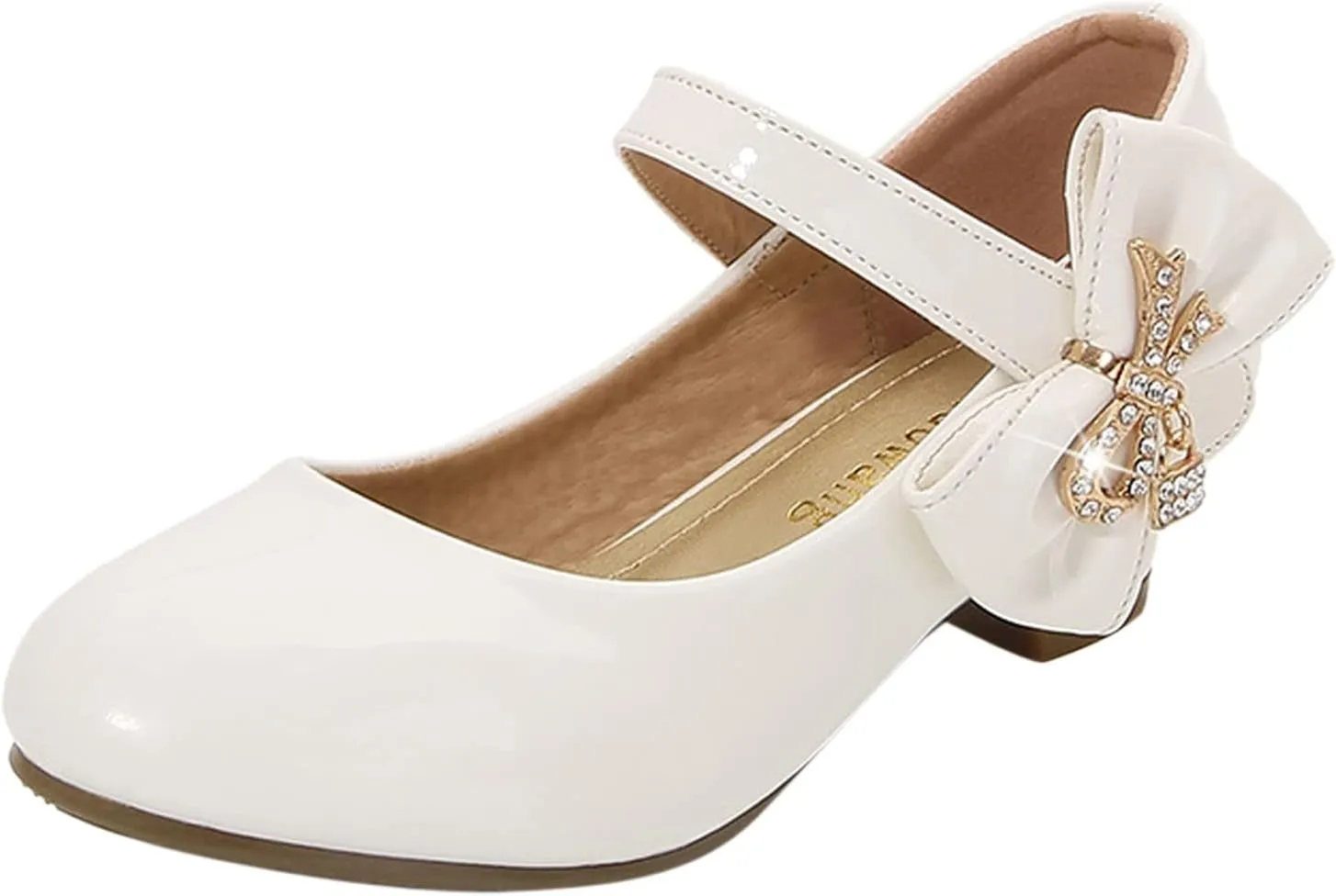 EnJoCho 4 to 13 Years Girls High Heeled Shoes Child Leather Shoes Princess Dress Shoes Primary School (White#qhg, 9-9.5 Years)