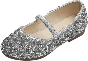 EnJoCho Baby Cute Girls Dress Shoes Shoes for Girls Comfortable PU Flats School Shoes for Mary Jane (Silver-b#wer, 4-4.5 Years)