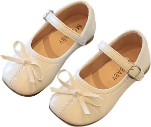 EnJoCho Girls Tennis Shoes Summer and Autumn Girls Boots Cute Flat Solid Color Bow Buckle Casual and Comfortable (Beige, 23)