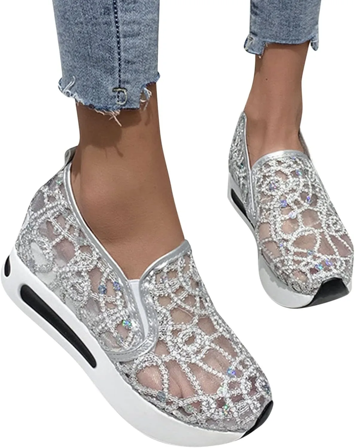 Fashion Sneakers for Women 2023 Floral Embroidery Breathable Sheer Mesh Sneakers Slip On Sneakers Sparkly Sneakers Platform Wedge Shoes Dressy Casual Sneakers Walking Sneakers (D-Silver, 8)