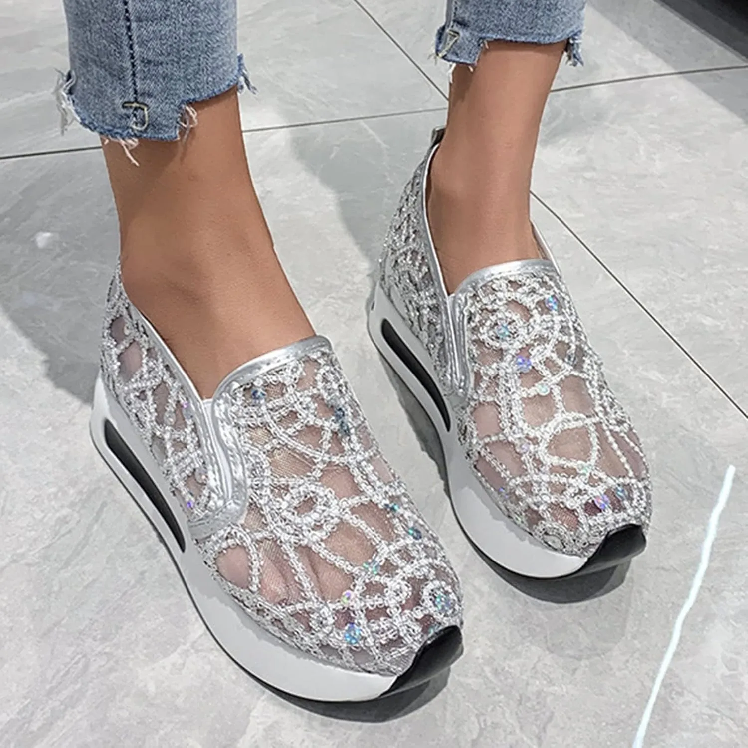 Fashion Sneakers for Women 2023 Floral Embroidery Breathable Sheer Mesh Sneakers Slip On Sneakers Sparkly Sneakers Platform Wedge Shoes Dressy Casual Sneakers Walking Sneakers (D-Silver, 8)