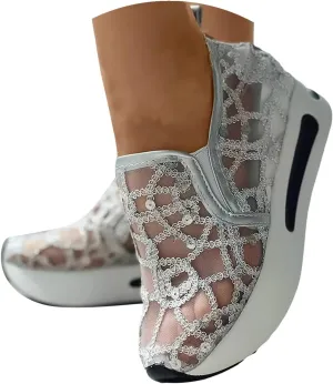 Fashion Sneakers for Women 2023 Floral Embroidery Breathable Sheer Mesh Sneakers Slip On Sneakers Sparkly Sneakers Platform Wedge Shoes Dressy Casual Sneakers Walking Sneakers (D-Silver, 8)