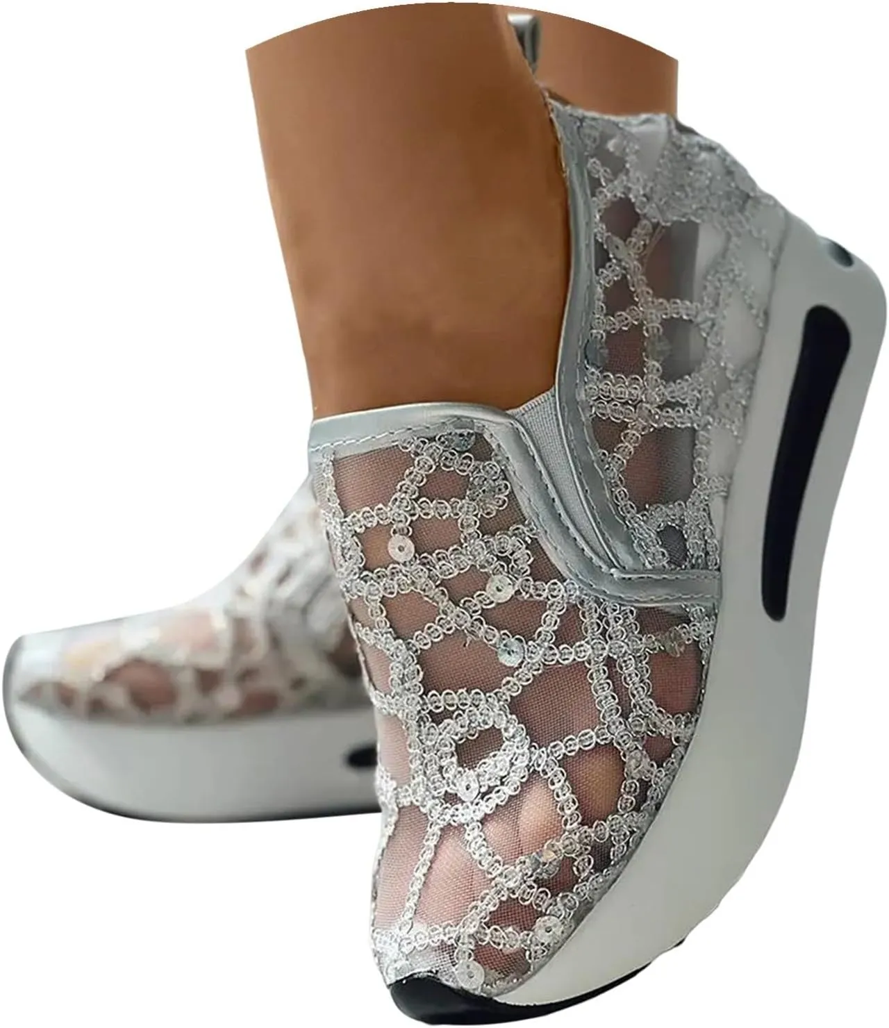 Fashion Sneakers for Women 2023 Floral Embroidery Breathable Sheer Mesh Sneakers Slip On Sneakers Sparkly Sneakers Platform Wedge Shoes Dressy Casual Sneakers Walking Sneakers (D-Silver, 8)