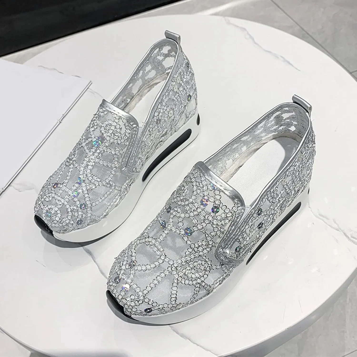 Fashion Sneakers for Women 2023 Floral Embroidery Breathable Sheer Mesh Sneakers Slip On Sneakers Sparkly Sneakers Platform Wedge Shoes Dressy Casual Sneakers Walking Sneakers (D-Silver, 8)
