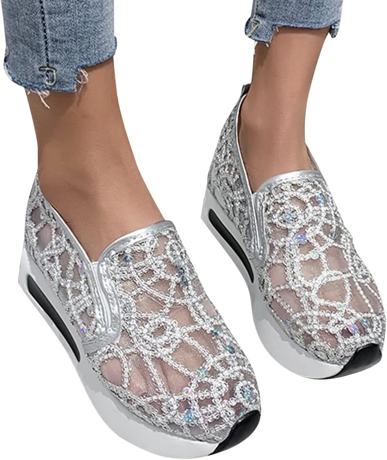Fashion Sneakers for Women 2023 Floral Embroidery Breathable Sheer Mesh Sneakers Slip On Sneakers Sparkly Sneakers Platform Wedge Shoes Dressy Casual Sneakers Walking Sneakers (D-Silver, 8)