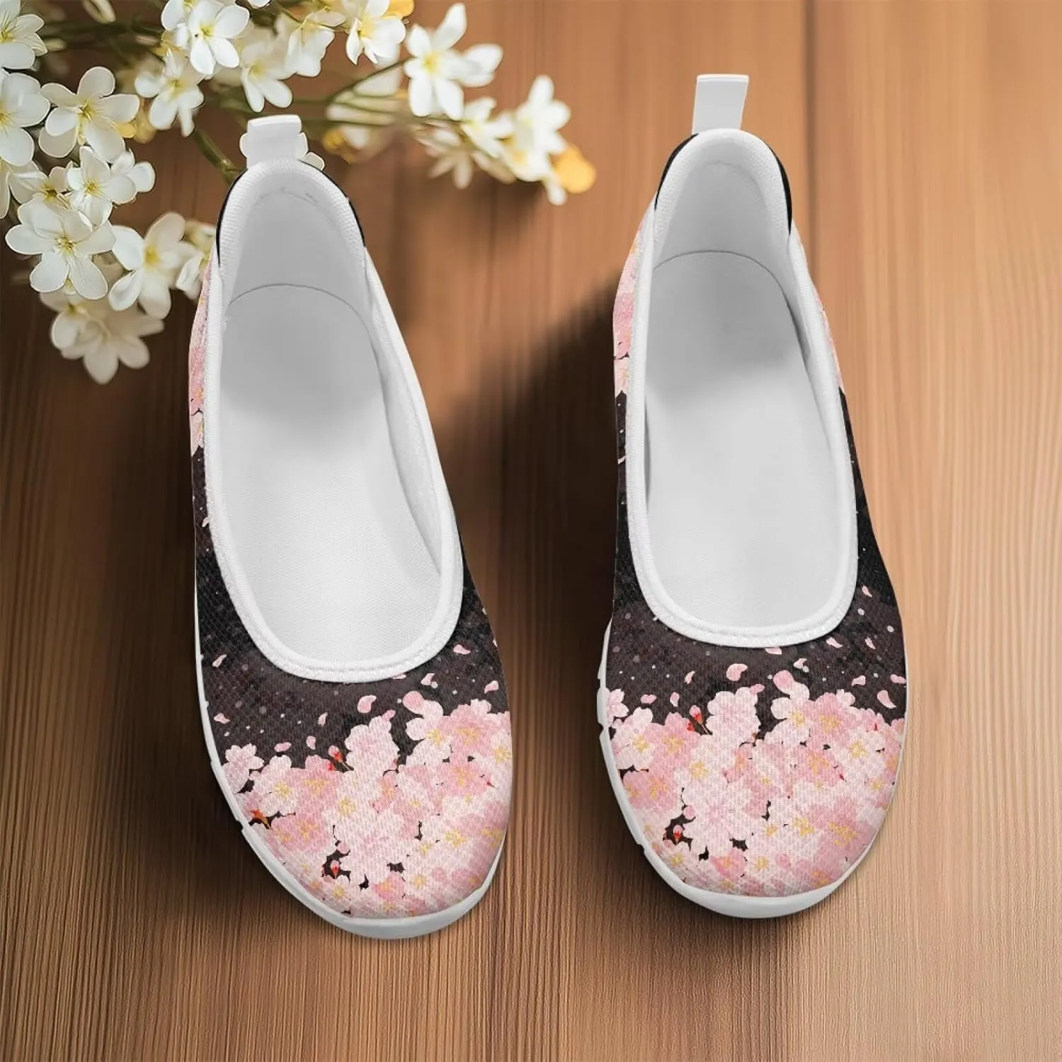 Fashion Sneakers for Women Printing Shoes Lightweight Walking Flying Mesh Casual Slip Ons Comfortable Art Painted Soft Cherry Blossoms ShoesUS Size 6-11