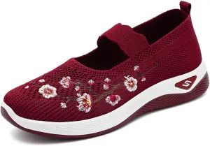Flower Embroidered Slip On Knitting Flat Loafers for Women Comfortable Soft Sole Tennis Shoes Breathable Mesh Comfy Platform Non Slip Walking Sneakers