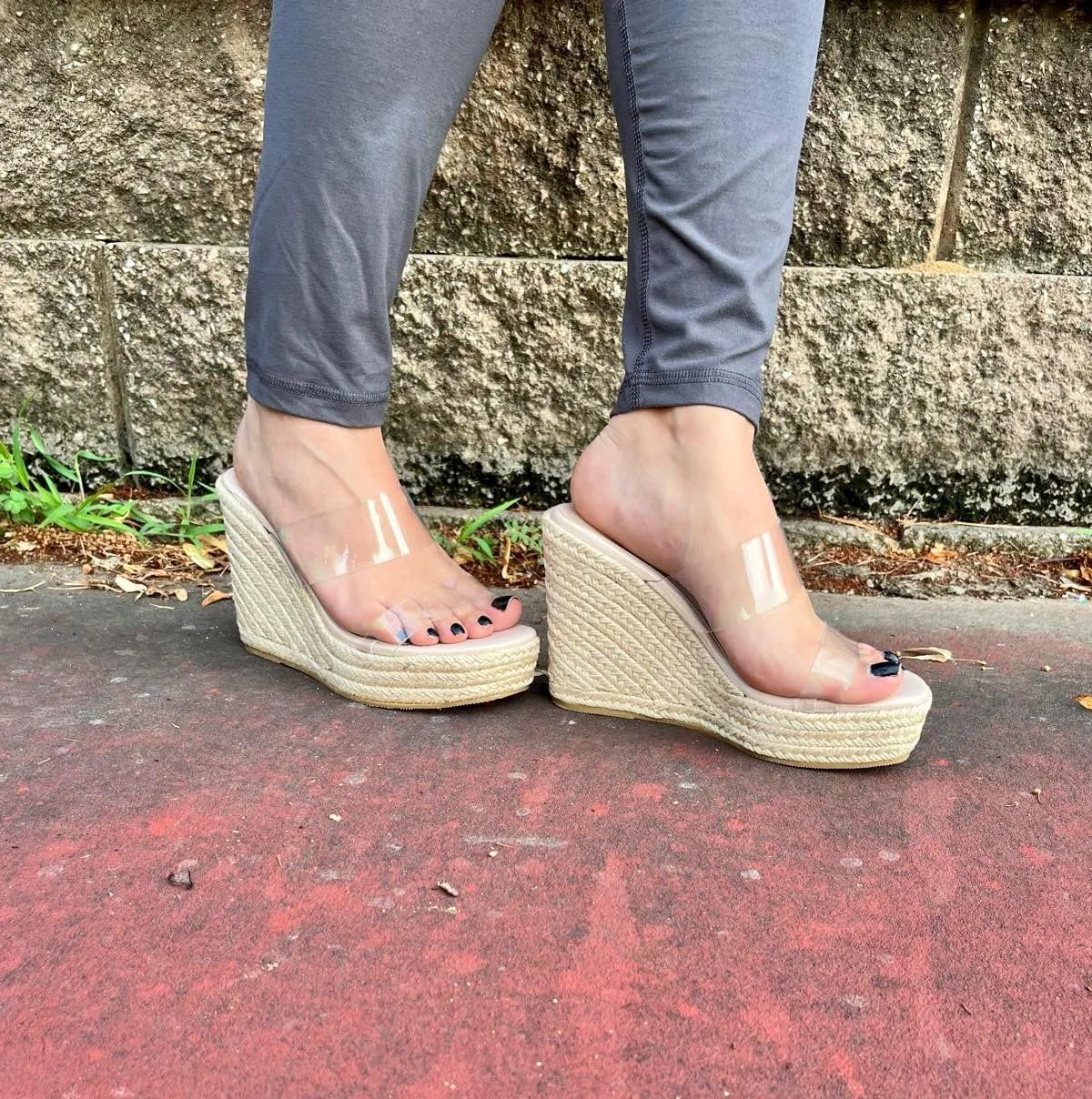 Forever Link Women Espadrille Platform Wedge Sandals Slide Open Toe Clear High Heel Sandals, 6