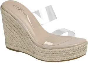 Forever Link Women Espadrille Platform Wedge Sandals Slide Open Toe Clear High Heel Sandals, 6