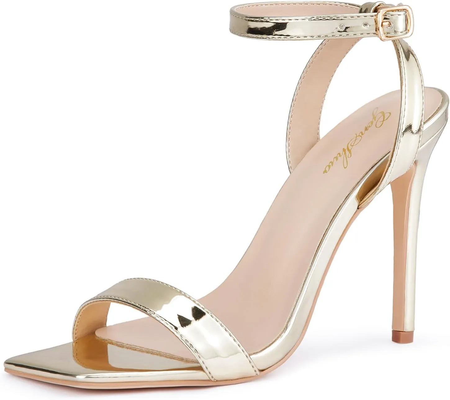 GENSHUO Women's High Heels Ankle Buckle Strap Stilettos Open Square Toe Dressy Sexy Strappy Sandals for Party Prom Homecoming Dressy Shoes