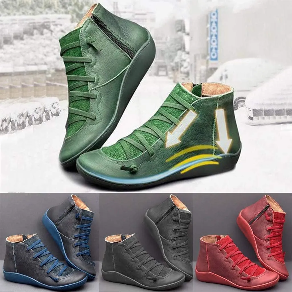 Gibobby Ankle Booties for Women Flat Heel,New Arch Support Ankle Boots Damping Shoes Lace-up Boots Side Zipper Booties