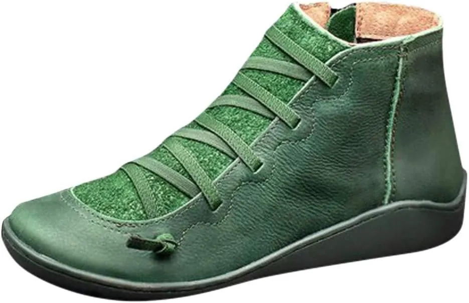 Gibobby Ankle Booties for Women Flat Heel,New Arch Support Ankle Boots Damping Shoes Lace-up Boots Side Zipper Booties