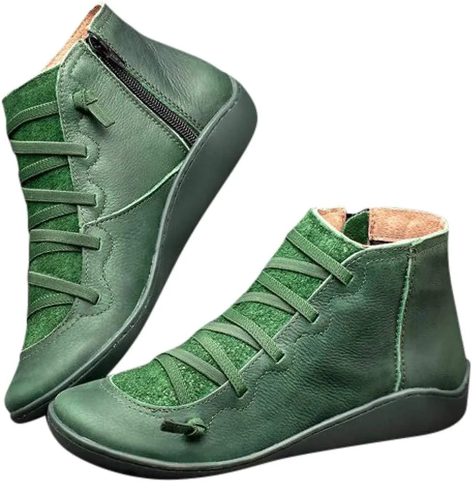 Gibobby Ankle Booties for Women Flat Heel,New Arch Support Ankle Boots Damping Shoes Lace-up Boots Side Zipper Booties