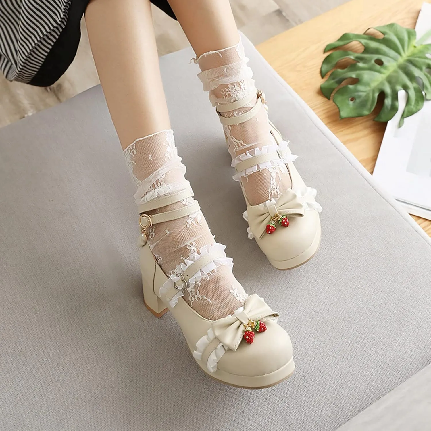 Girls High Heels Lolita Shoes Leather Closed Toe Kids Buckle Sandals Tulle Ruffle Ankle Straps Wedding Prom