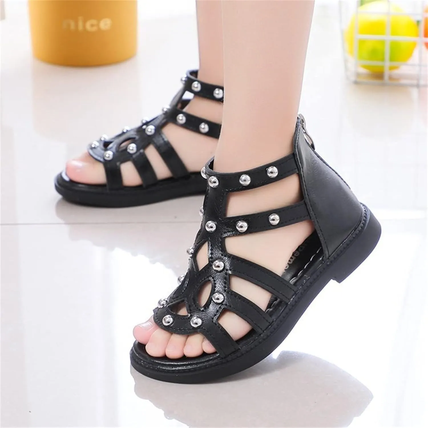 Girls Kids Short Gl𝐚diator Sandals Shoes Ankle Rubber Leather Non Slip Shoes Baby Toddler Side Zipper Summer Casual