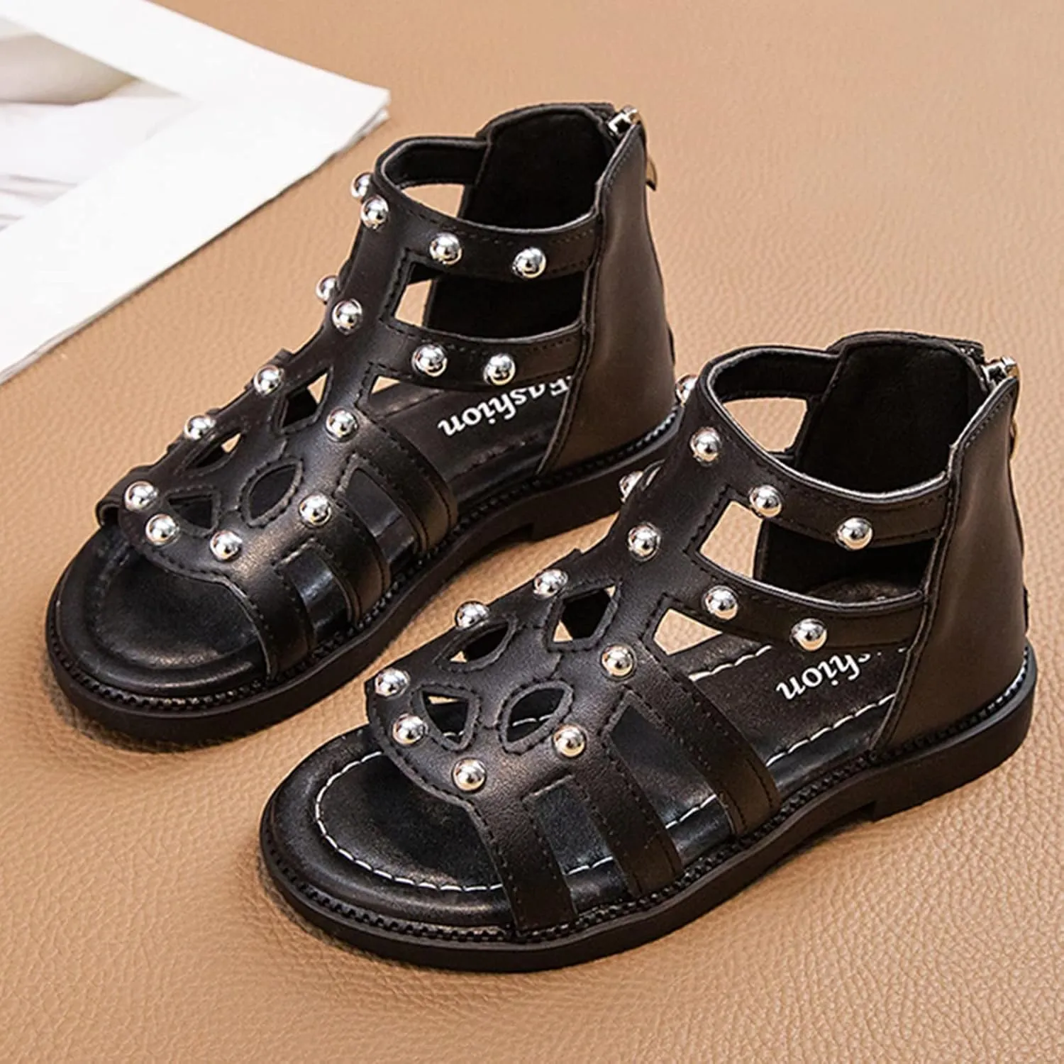 Girls Kids Short Gl𝐚diator Sandals Shoes Ankle Rubber Leather Non Slip Shoes Baby Toddler Side Zipper Summer Casual