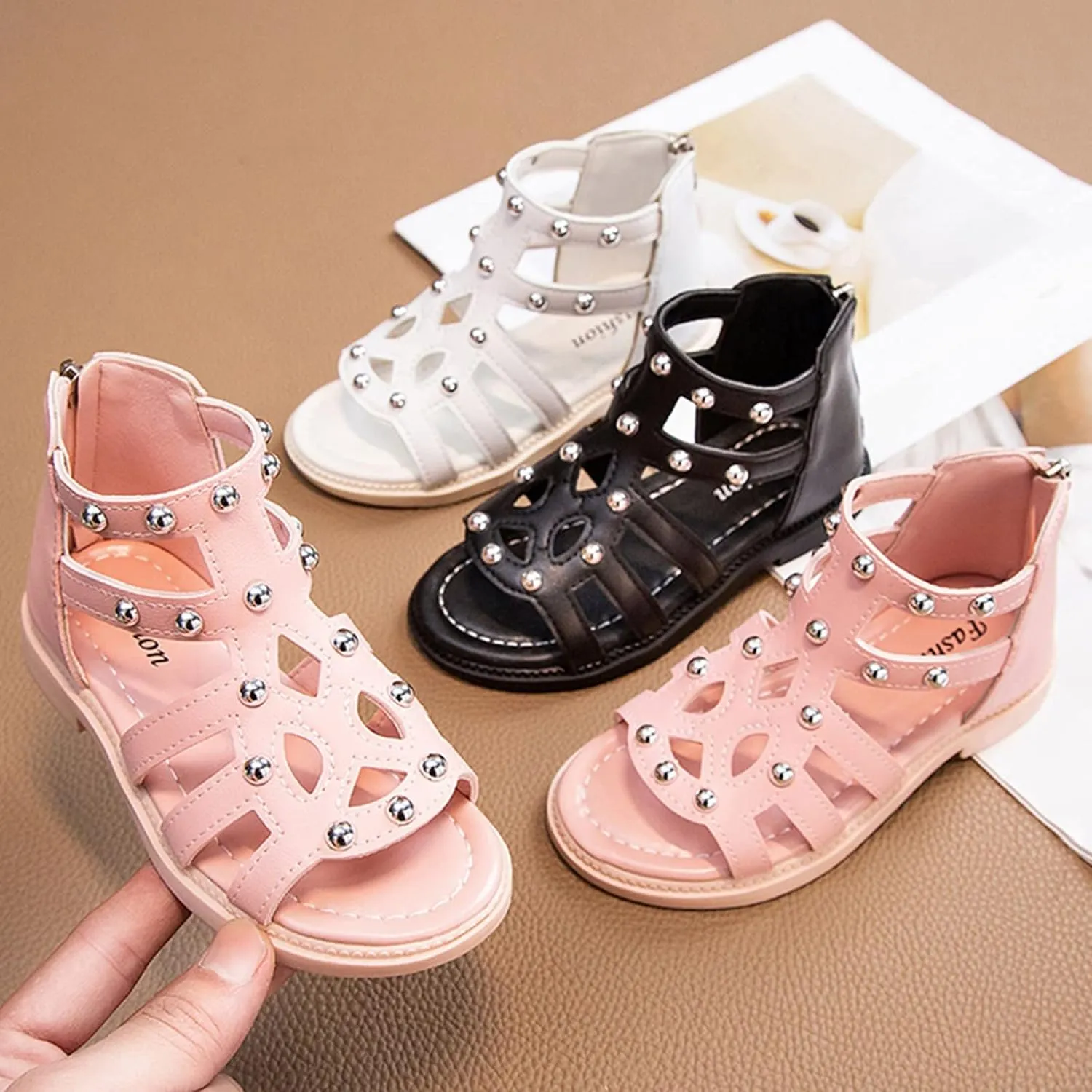 Girls Kids Short Gl𝐚diator Sandals Shoes Ankle Rubber Leather Non Slip Shoes Baby Toddler Side Zipper Summer Casual