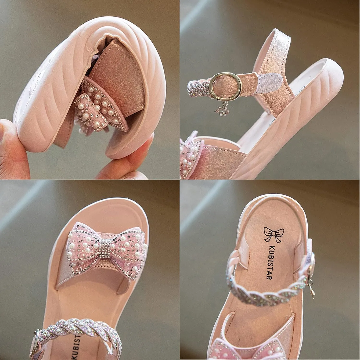 Girls Pearl Sequins Princess Sandals Open Toe Dress Bow Shoes with Strap Little Girls Kids Summer Wide Foam Loafers