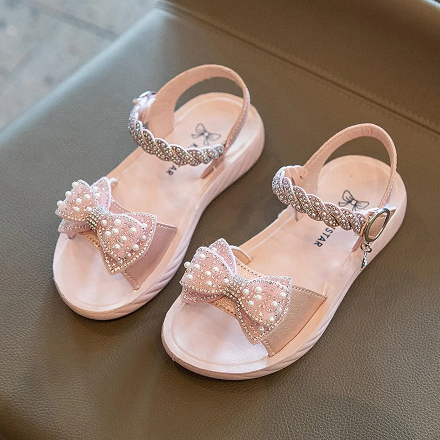 Girls Pearl Sequins Princess Sandals Open Toe Dress Bow Shoes with Strap Little Girls Kids Summer Wide Foam Loafers