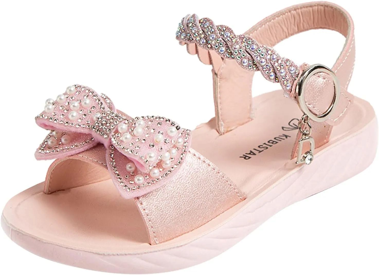 Girls Pearl Sequins Princess Sandals Open Toe Dress Bow Shoes with Strap Little Girls Kids Summer Wide Foam Loafers