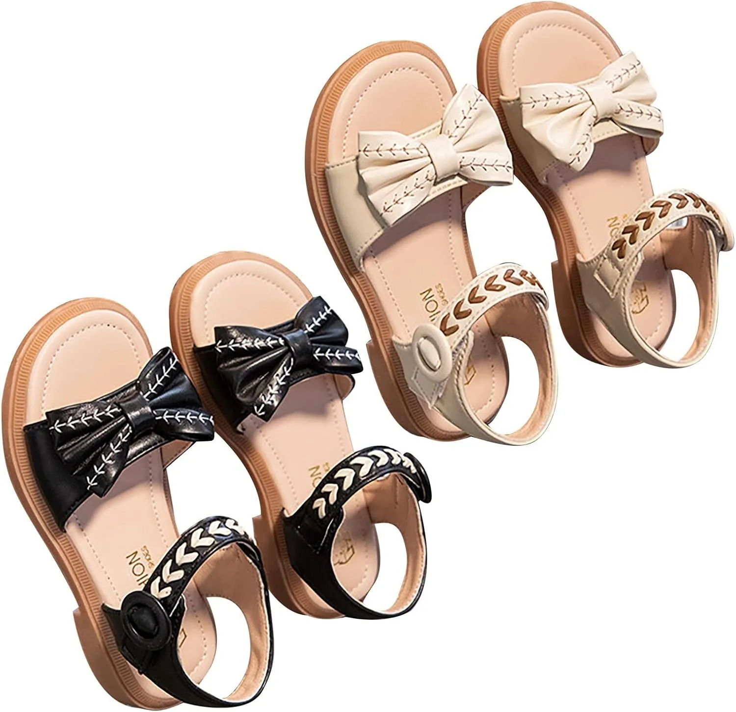 Girls Rubber Sole Open Toe Sandals Bow ow Heels Wide Shoes With Strap Summer Casual Princess Dress Dance Slip On Loafers