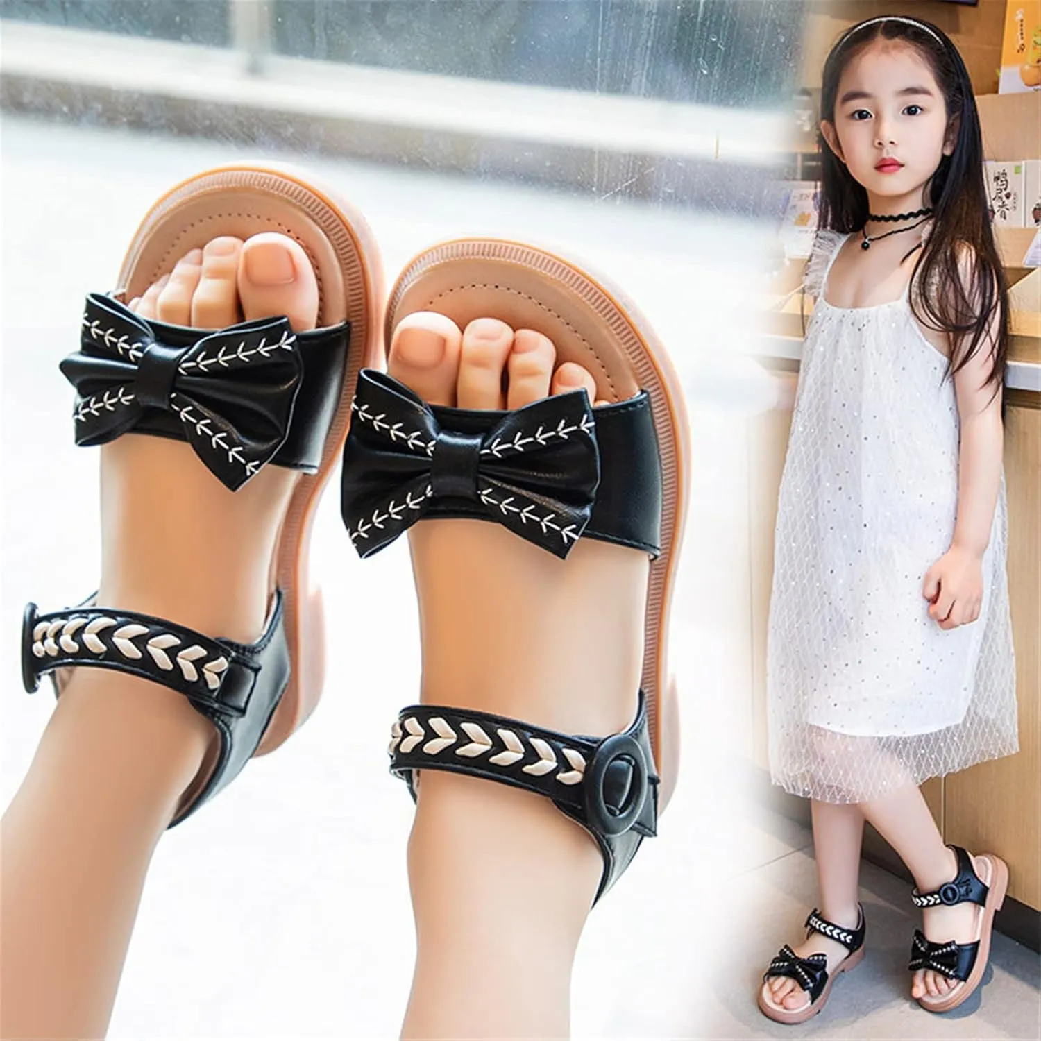 Girls Rubber Sole Open Toe Sandals Bow ow Heels Wide Shoes With Strap Summer Casual Princess Dress Dance Slip On Loafers