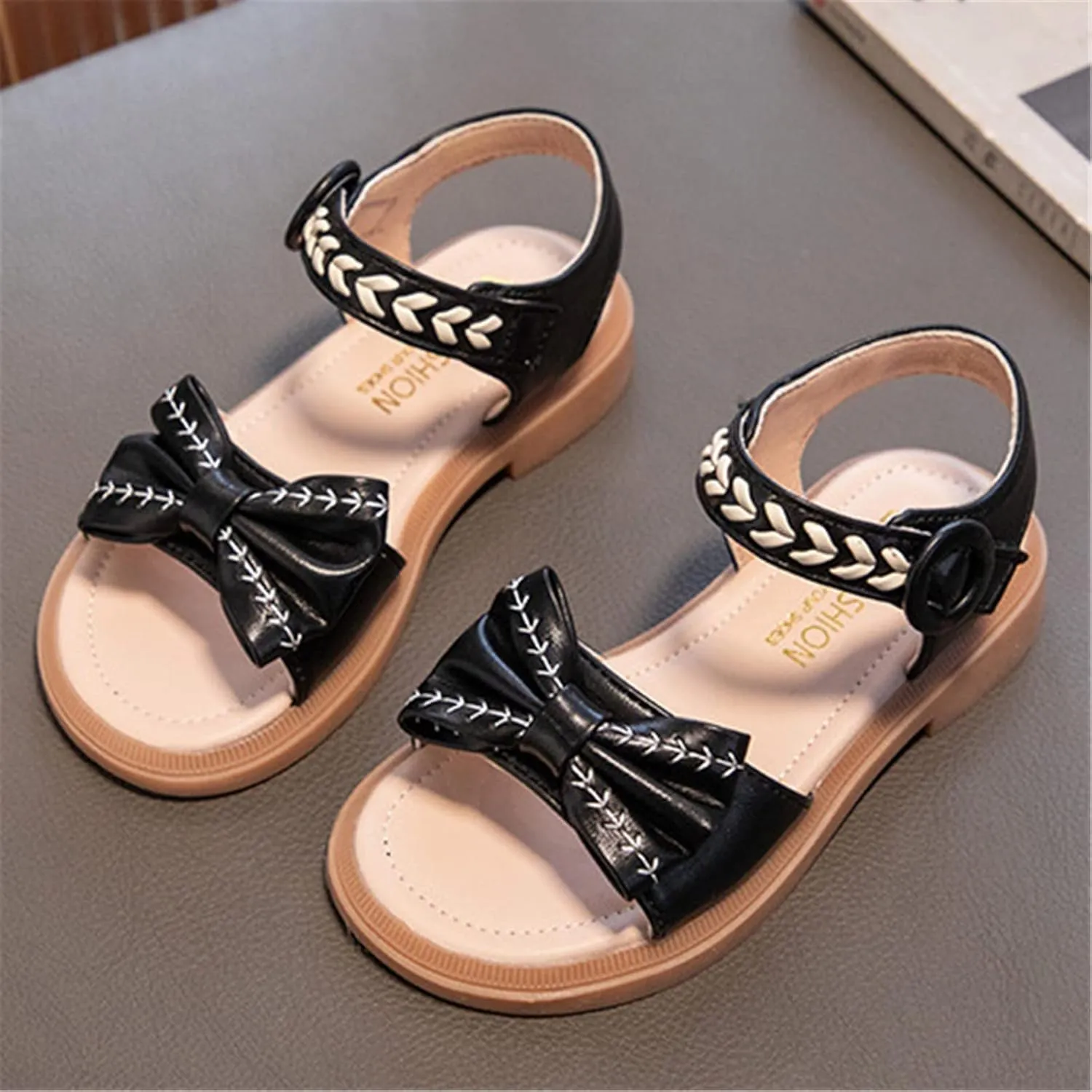 Girls Rubber Sole Open Toe Sandals Bow ow Heels Wide Shoes With Strap Summer Casual Princess Dress Dance Slip On Loafers