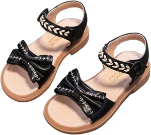 Girls Rubber Sole Open Toe Sandals Bow ow Heels Wide Shoes With Strap Summer Casual Princess Dress Dance Slip On Loafers