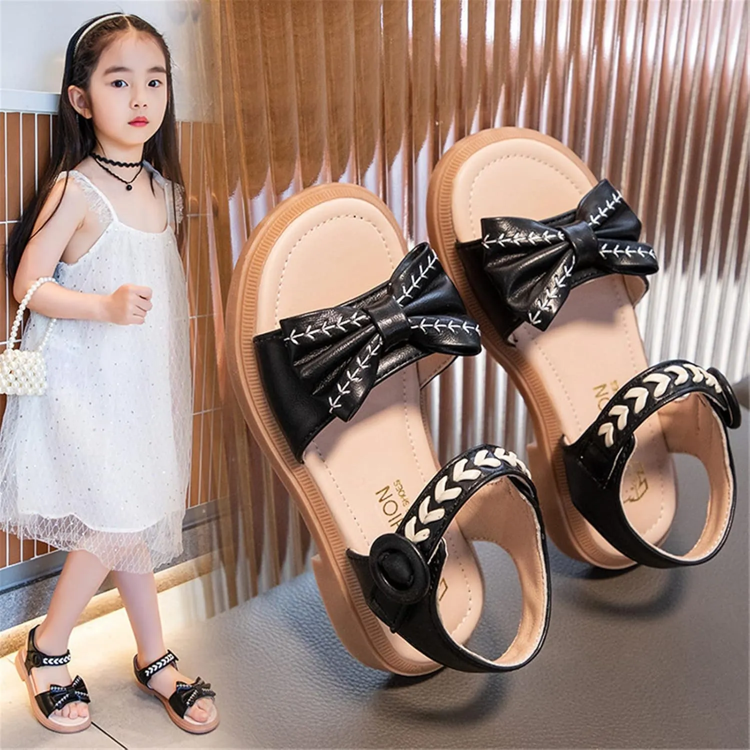 Girls Rubber Sole Open Toe Sandals Bow ow Heels Wide Shoes With Strap Summer Casual Princess Dress Dance Slip On Loafers
