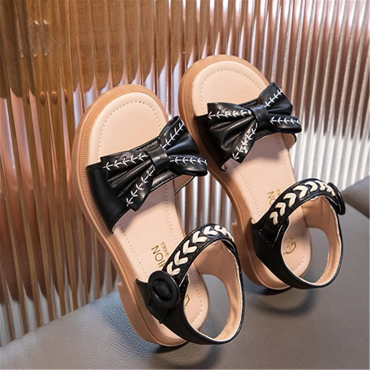 Girls Rubber Sole Open Toe Sandals Bow ow Heels Wide Shoes With Strap Summer Casual Princess Dress Dance Slip On Loafers