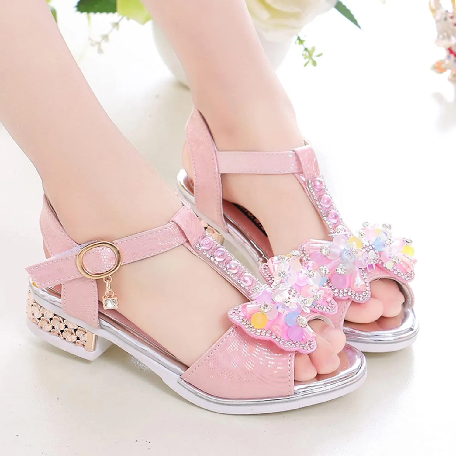 Girls Sandals Bow Pearl Sequins Pumps Wedding School Party Dress Shoes Open Toe T-Strap Low Heel Sandal For Kids